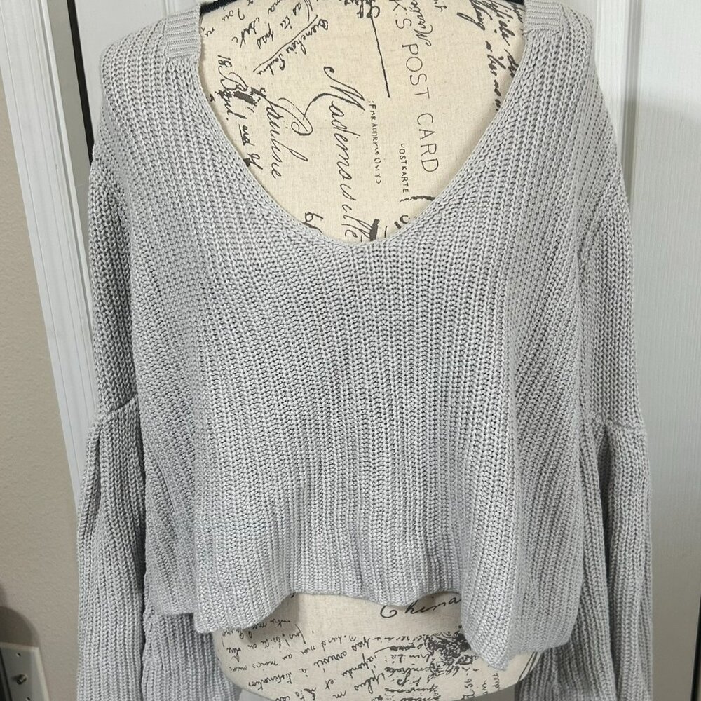 Free People Damsel Sweater Womens L Gray Bell Sleeve Cropped 100% Cotton
